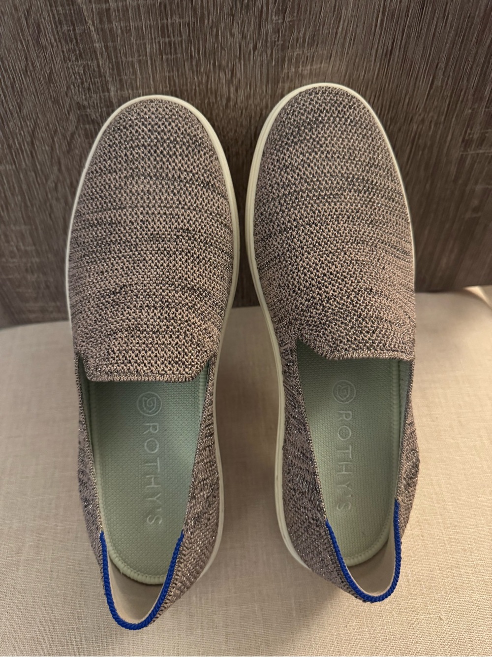 Rothy's Slip-On Knit Loafers — Taupe with Metallic Trim